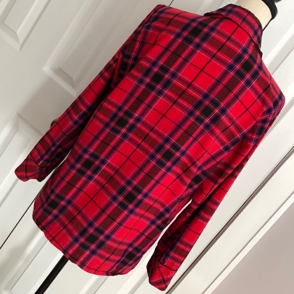 Victoria's Secret Plaid Flannel Pajama Top Metallic Lurex Red Purple Size M - Picture 6 of 15